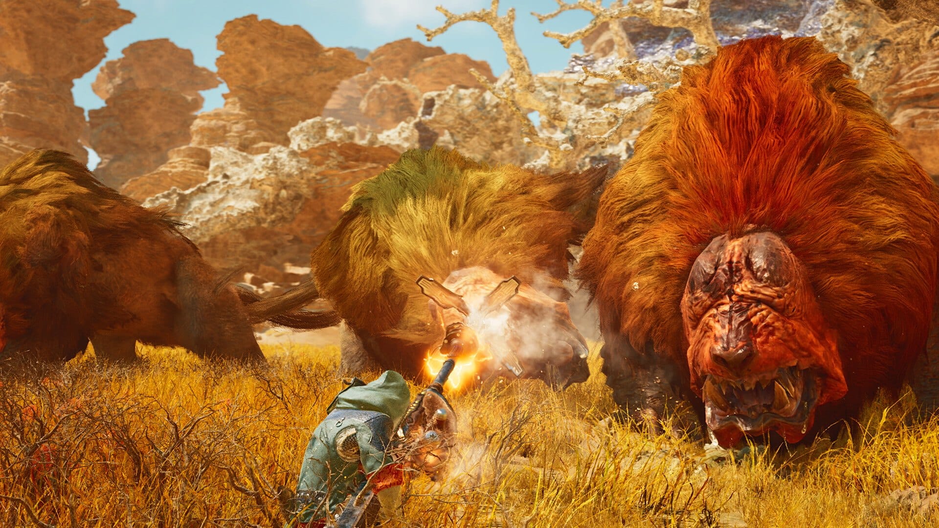 A hunter fights a giant shaggy monster in Monster Hunter Wilds