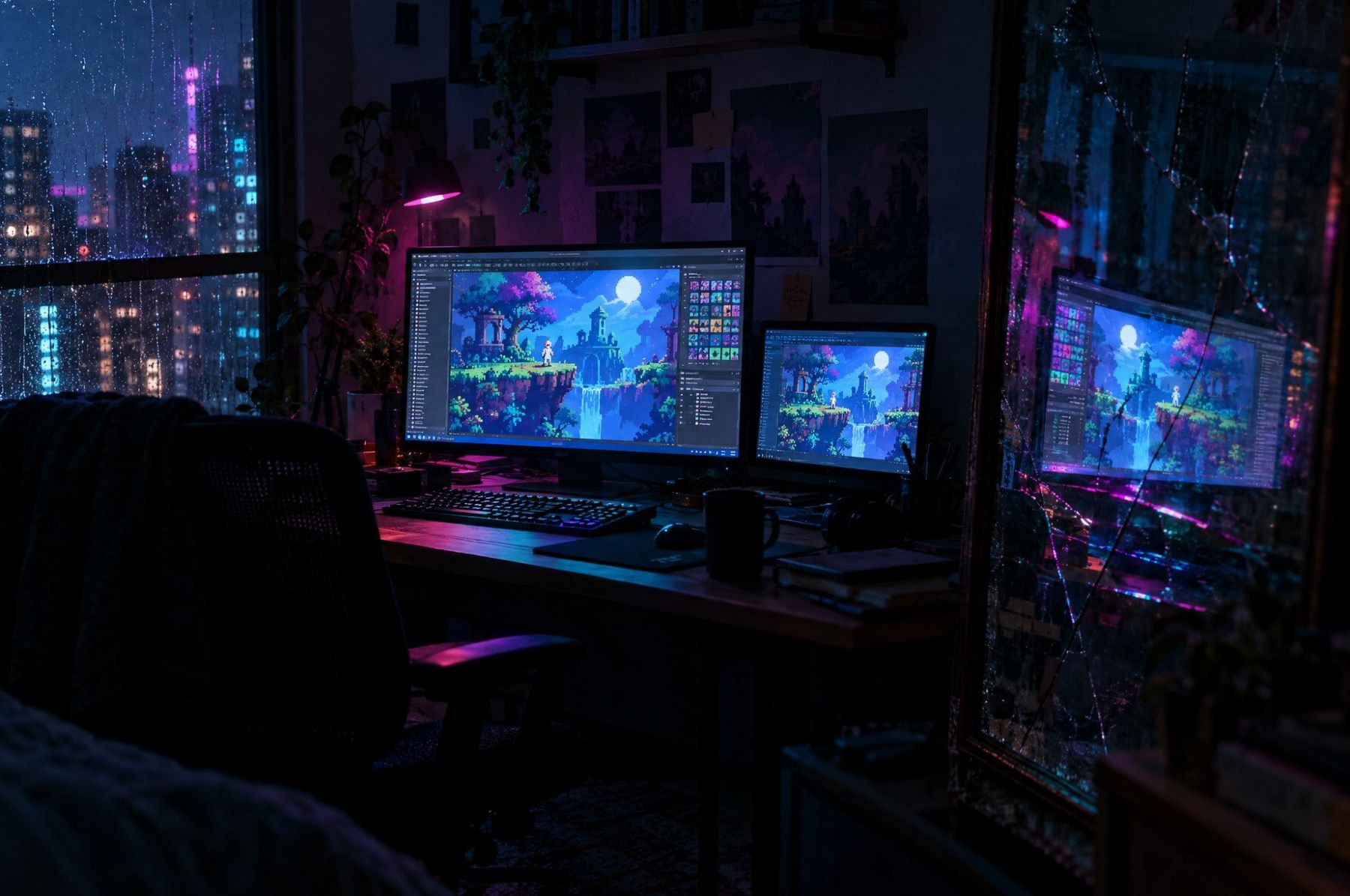 A dark indie developer's desk at night with a pixel-art game on screen reflected in a cracked mirror