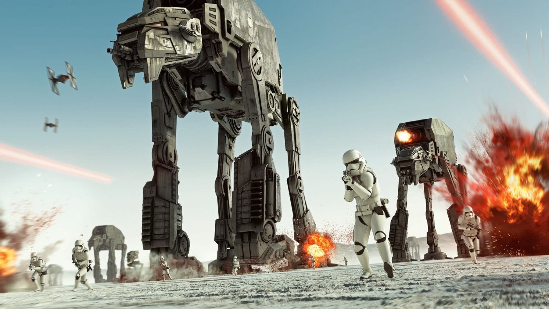 AT-AT walkers and stormtroopers advancing on a snowy battlefield in Star Wars Battlefront II