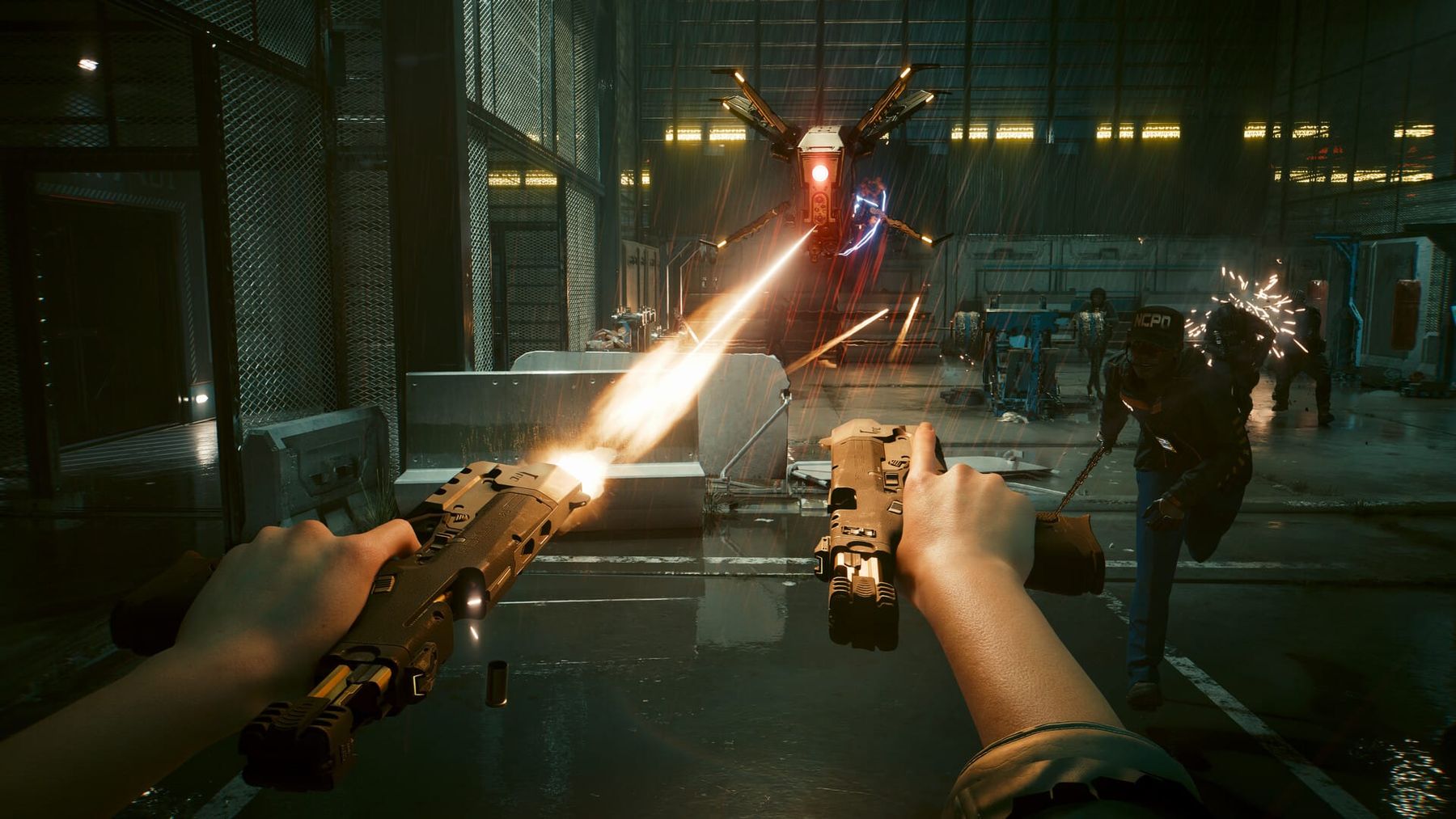 First-person view of V dual-wielding pistols in a fight in Cyberpunk 2077