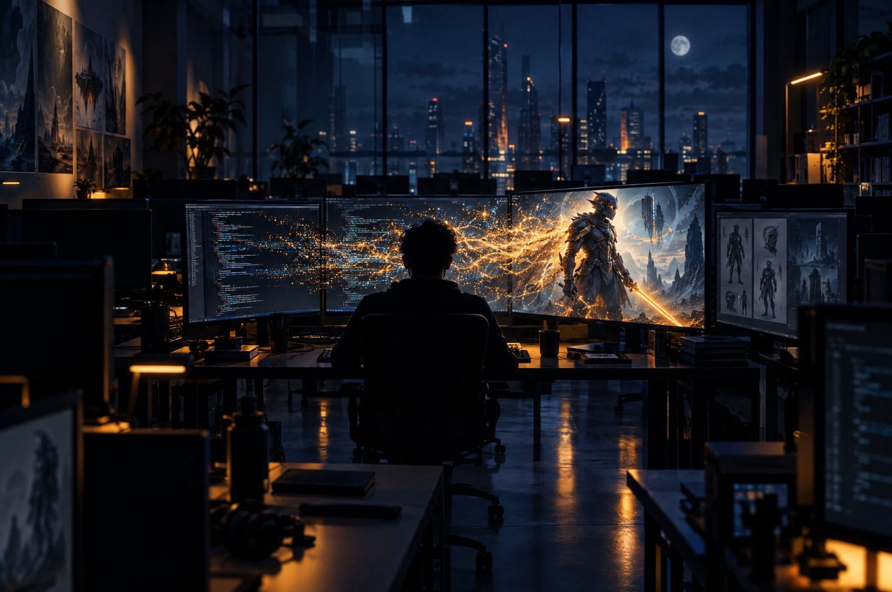 A lone developer in a game studio at night as code turns into concept art