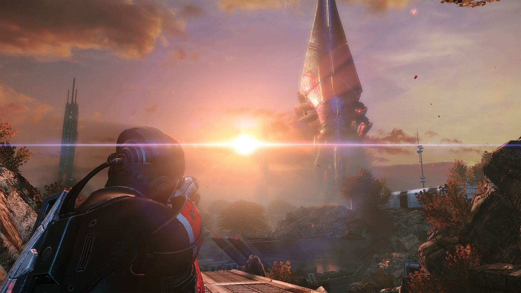 Commander Shepard looking out at the Citadel at sunset in Mass Effect Legendary Edition