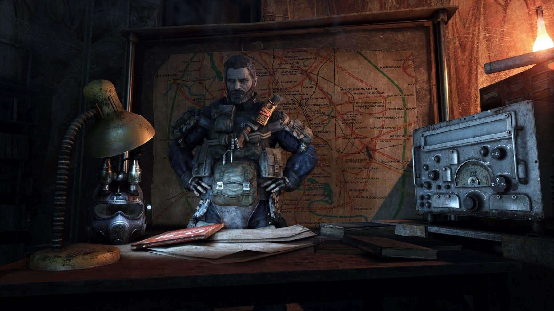 Metro 2033 Redux character standing at a map table in the metro