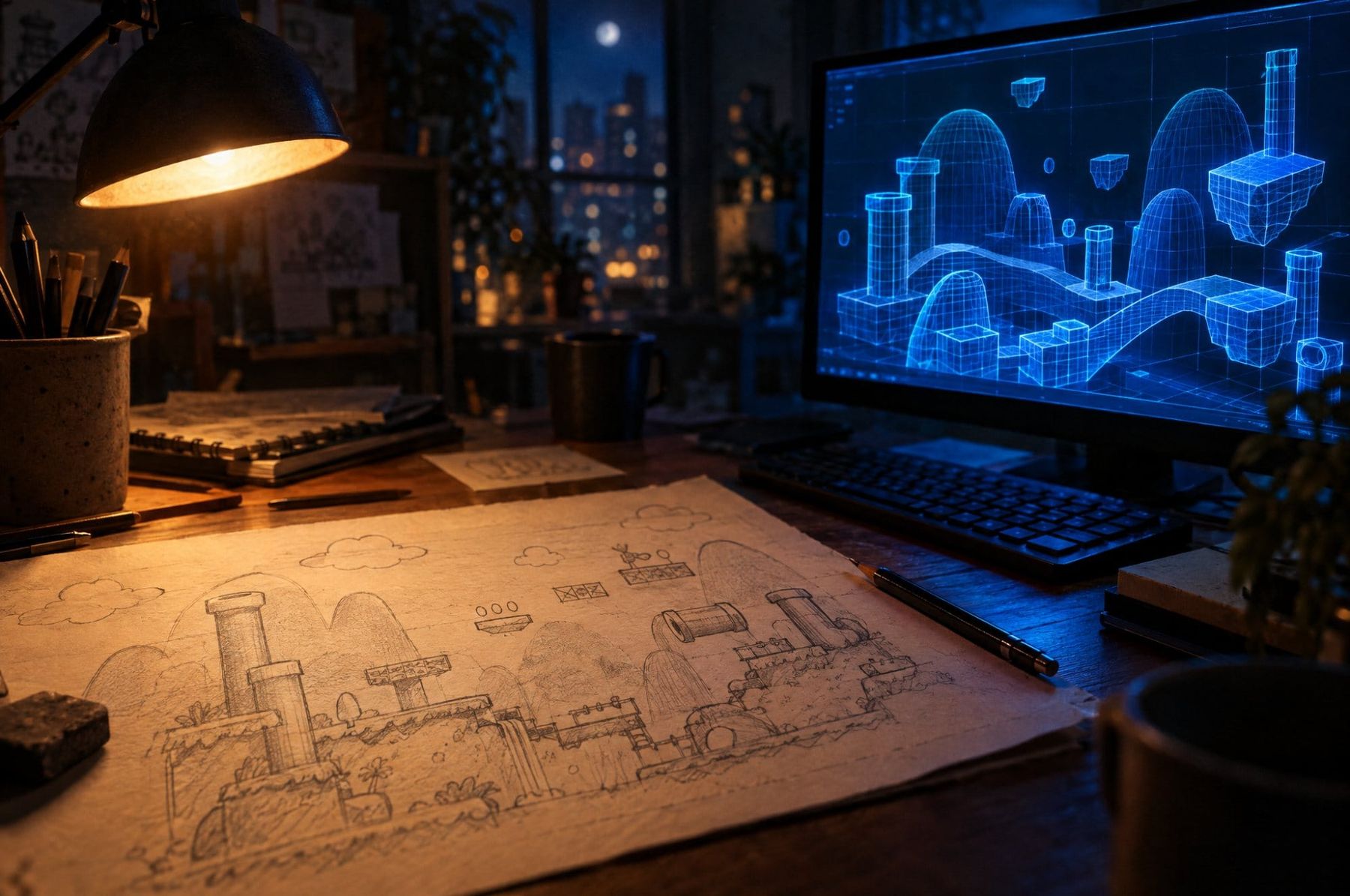 Hand-drawn platformer level sketch on a desk beside a monitor showing a glowing wireframe level at night
