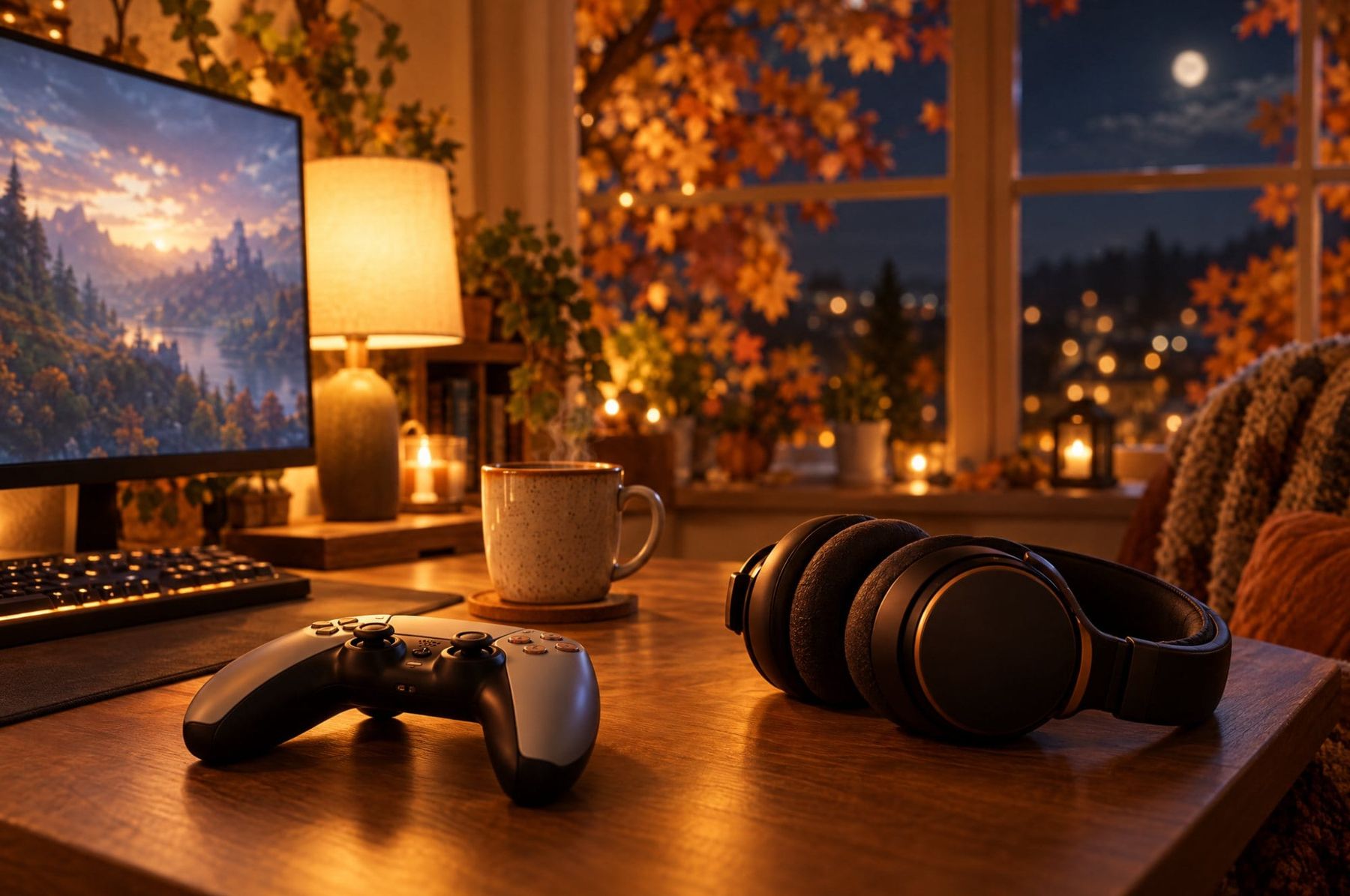 A cozy late-night gaming desk with a controller and headset in autumn