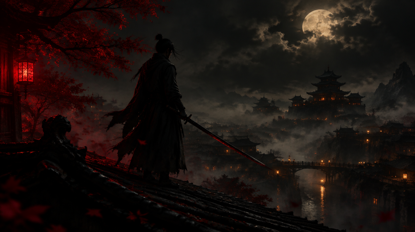 A lone swordsman silhouette on a misty rooftop at night