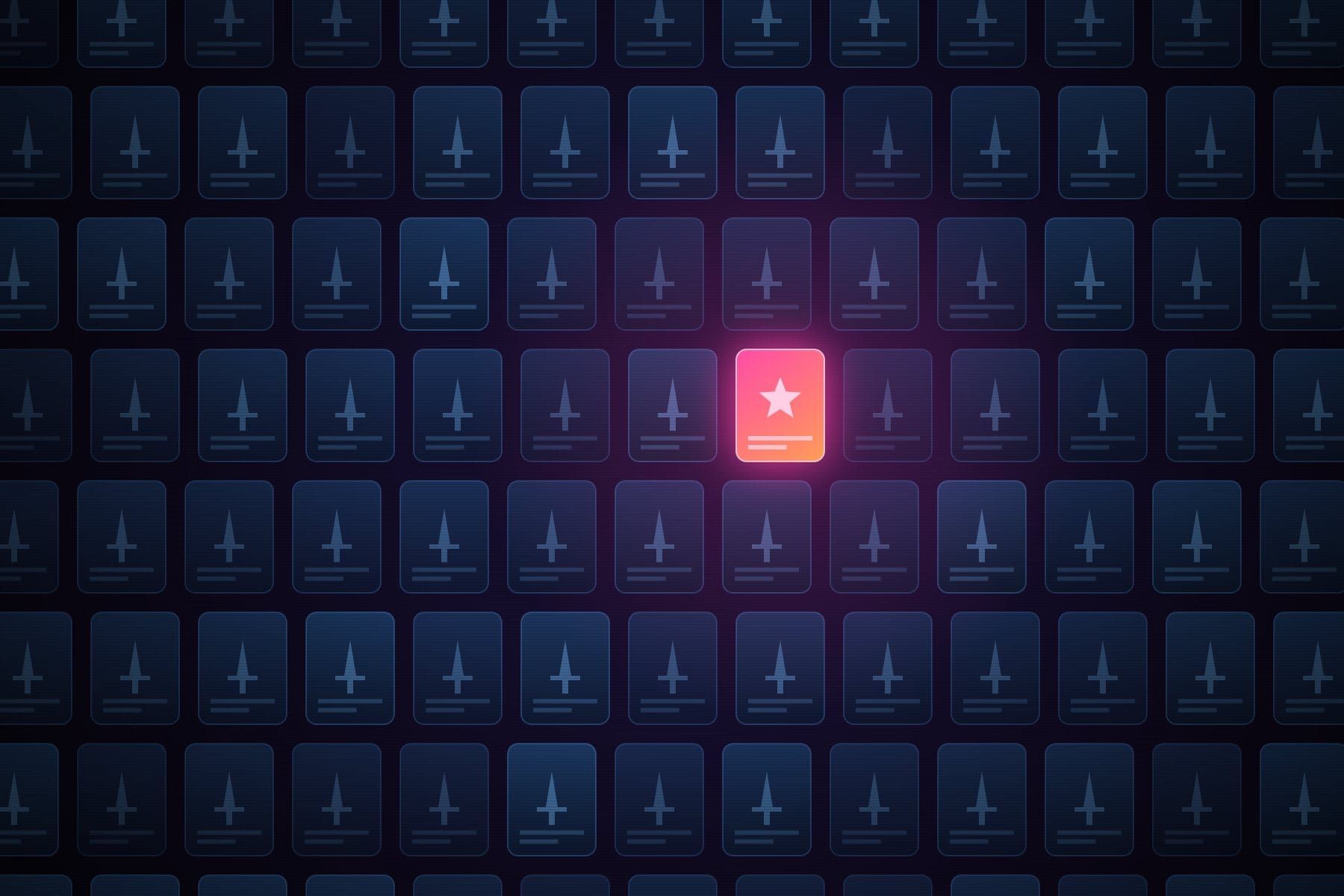 Rows of identical dim game cards with one glowing original card in the middle