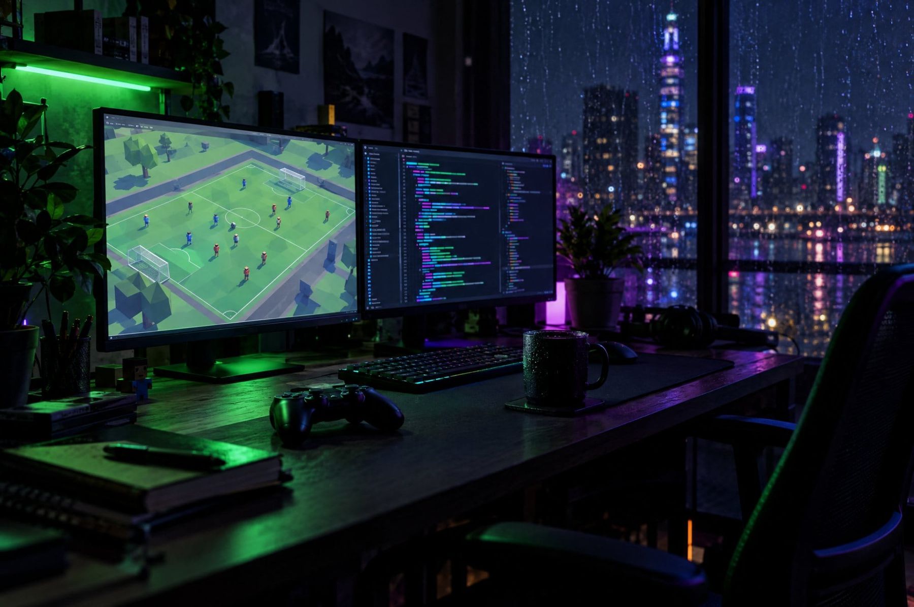 Late-night game developer desk with a soccer game prototype and code on two monitors