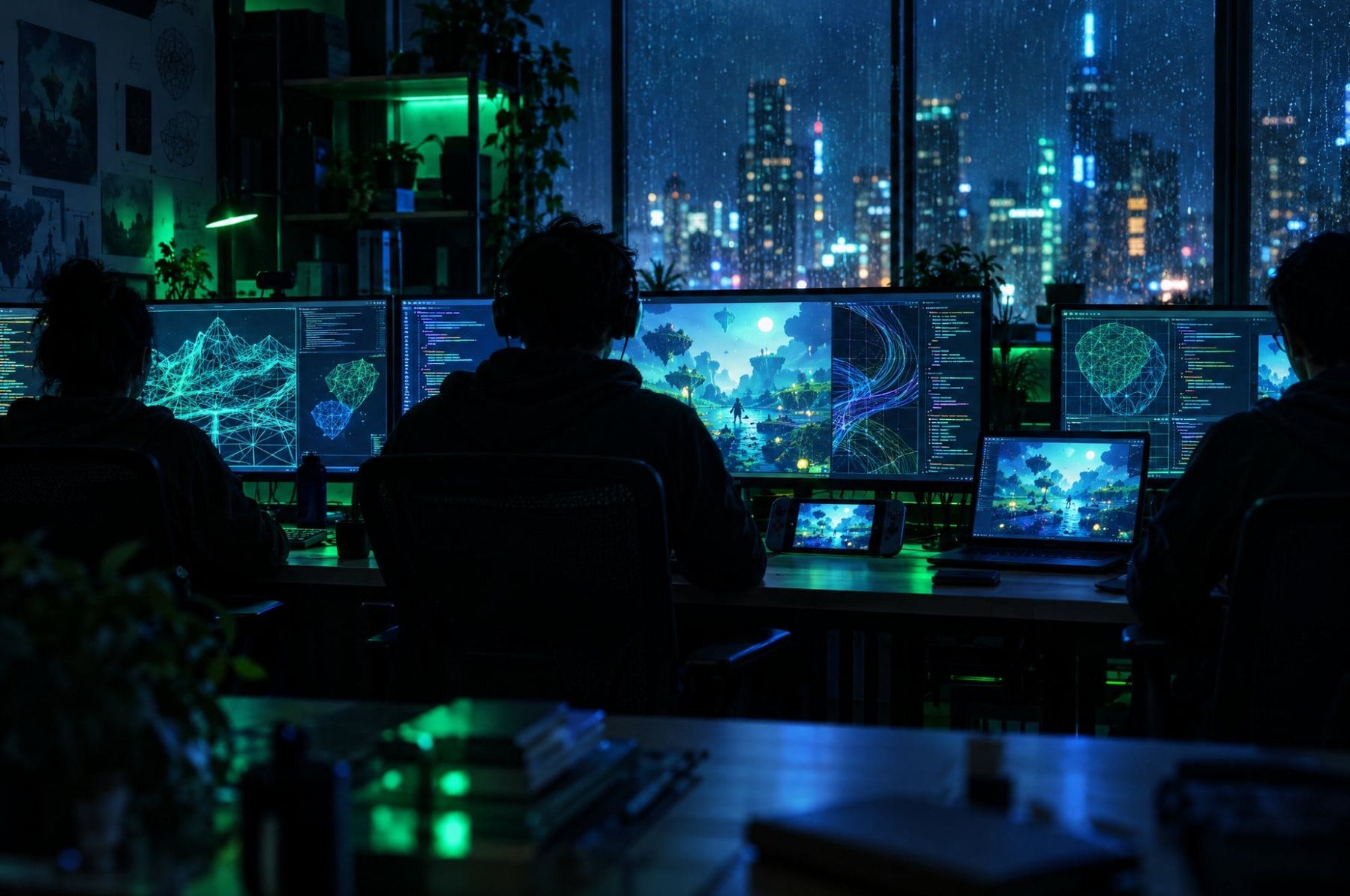 Developers working late in a dark game lab surrounded by glowing monitors