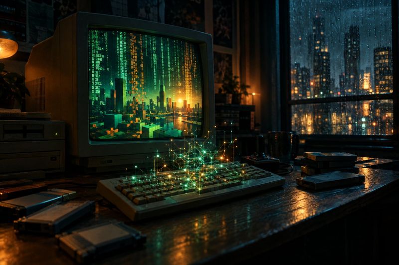 A retro computer at night with code dissolving into a blocky 3D city on screen