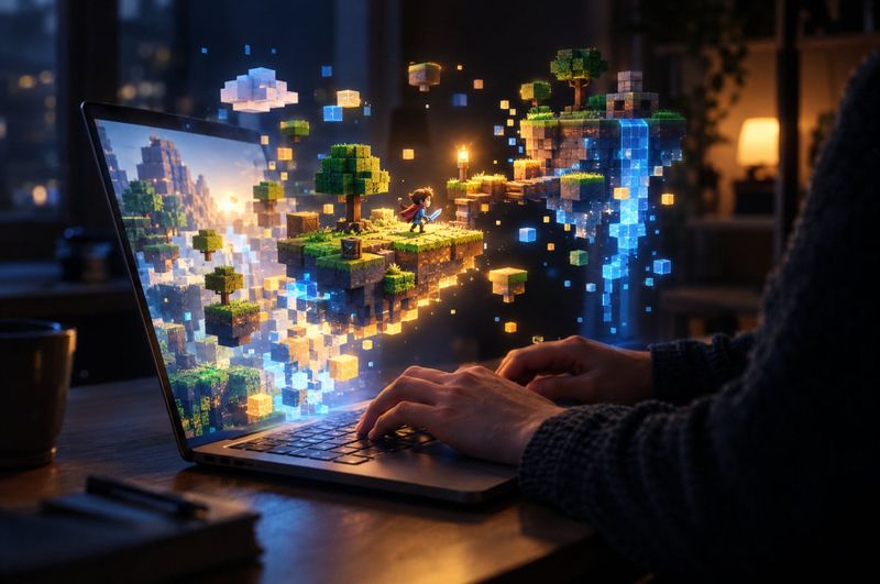 A glowing game level building itself out of a laptop screen