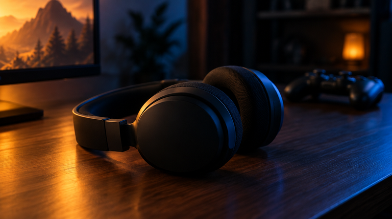 A black gaming headset on a desk at night, lit by monitor glow