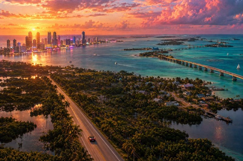 Aerial sunset view of a Florida-style open world with a neon skyline and island causeways