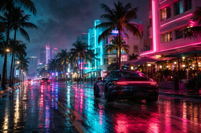 Neon-lit coastal city street at night with a sports car