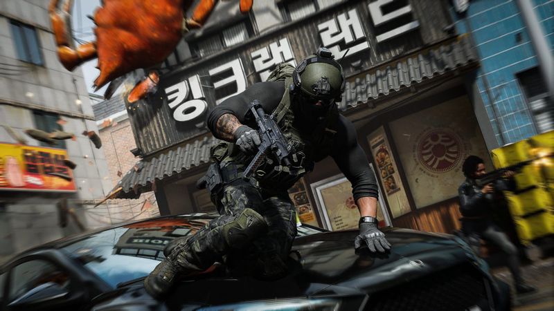 Modern Warfare 4 operator vaulting a car on a neon city street