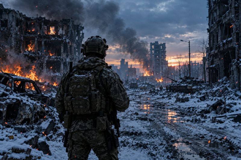 A soldier standing in a snowy, ruined city at dusk