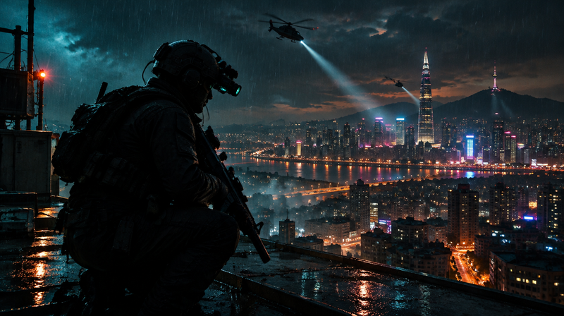 A soldier with night-vision goggles overlooking a neon city at night