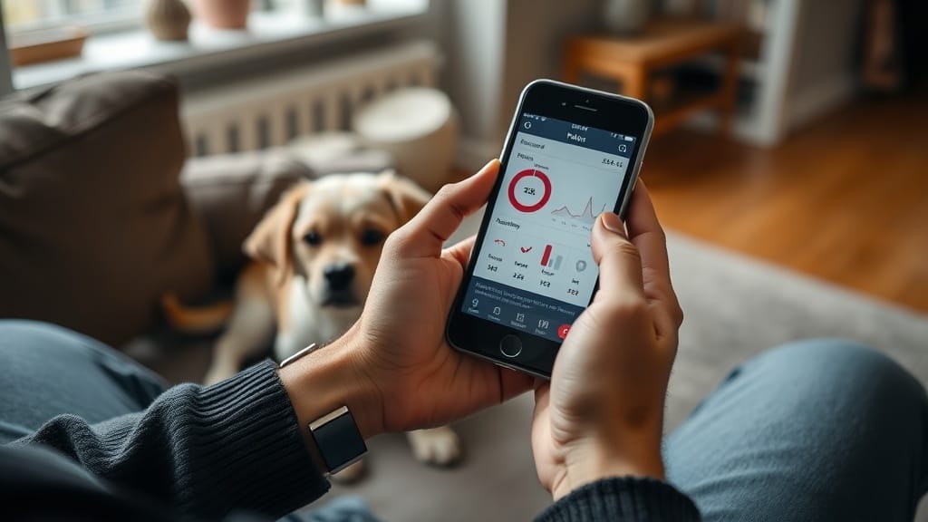 Phone showing a pet activity tracking app dashboard next to a dog on a sofa