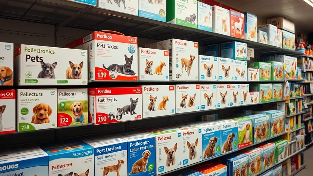 Shelf display of smart pet technology devices in a UK pet shop