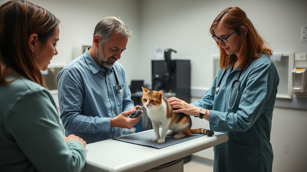 Veterinary consultation with a cat on an exam table