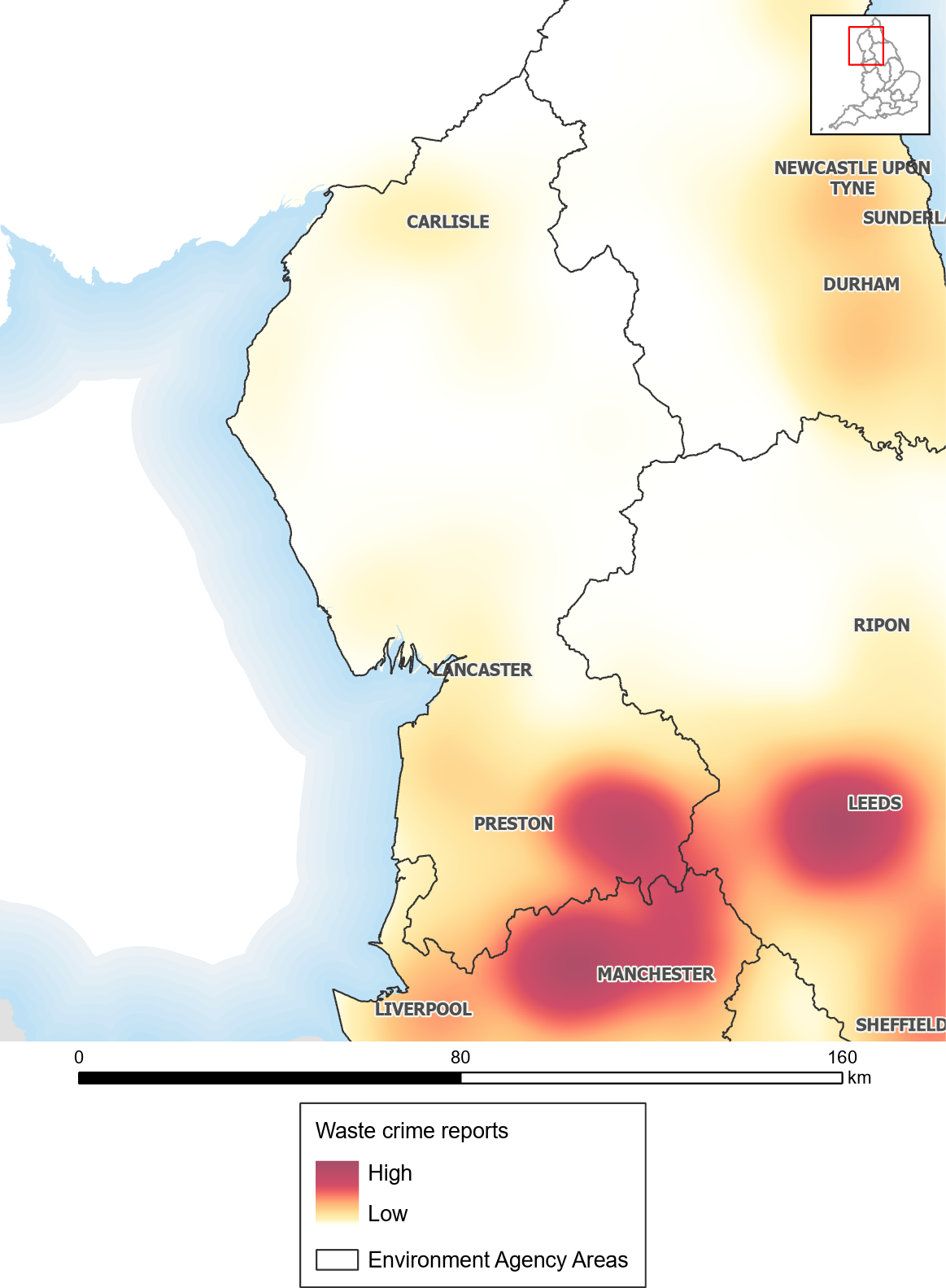 Waste crime reports heat map: Cumbria and Lancashire