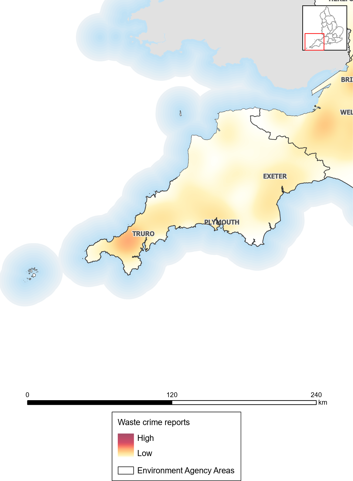 Waste crime reports heat map: Devon, Cornwall and the Isles of Scilly