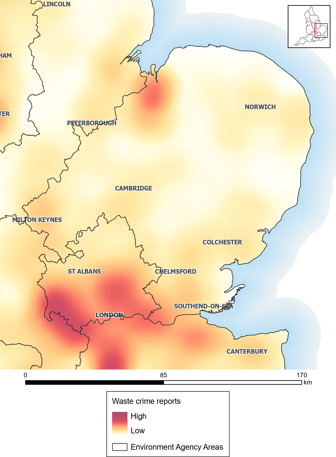 Waste crime reports heat map: East Anglia