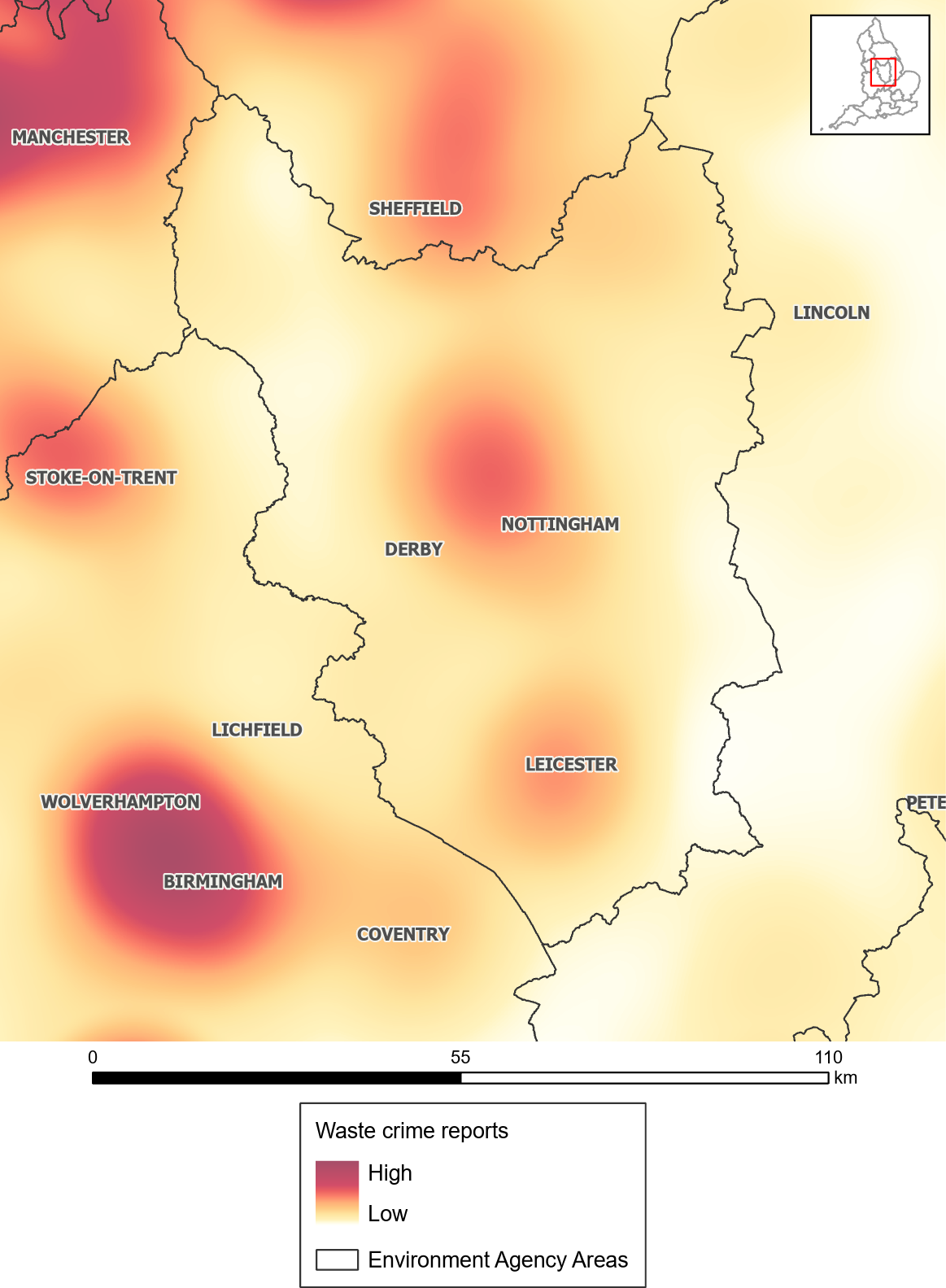 Waste crime reports heat map: East Midlands