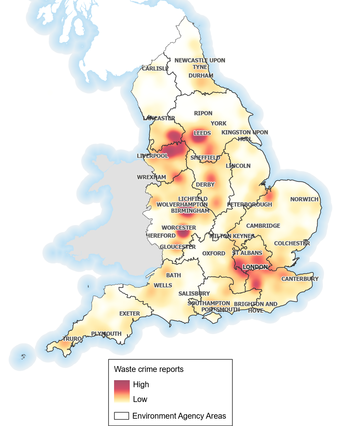 Environment Agency heat map of reported waste crime across England, 2025