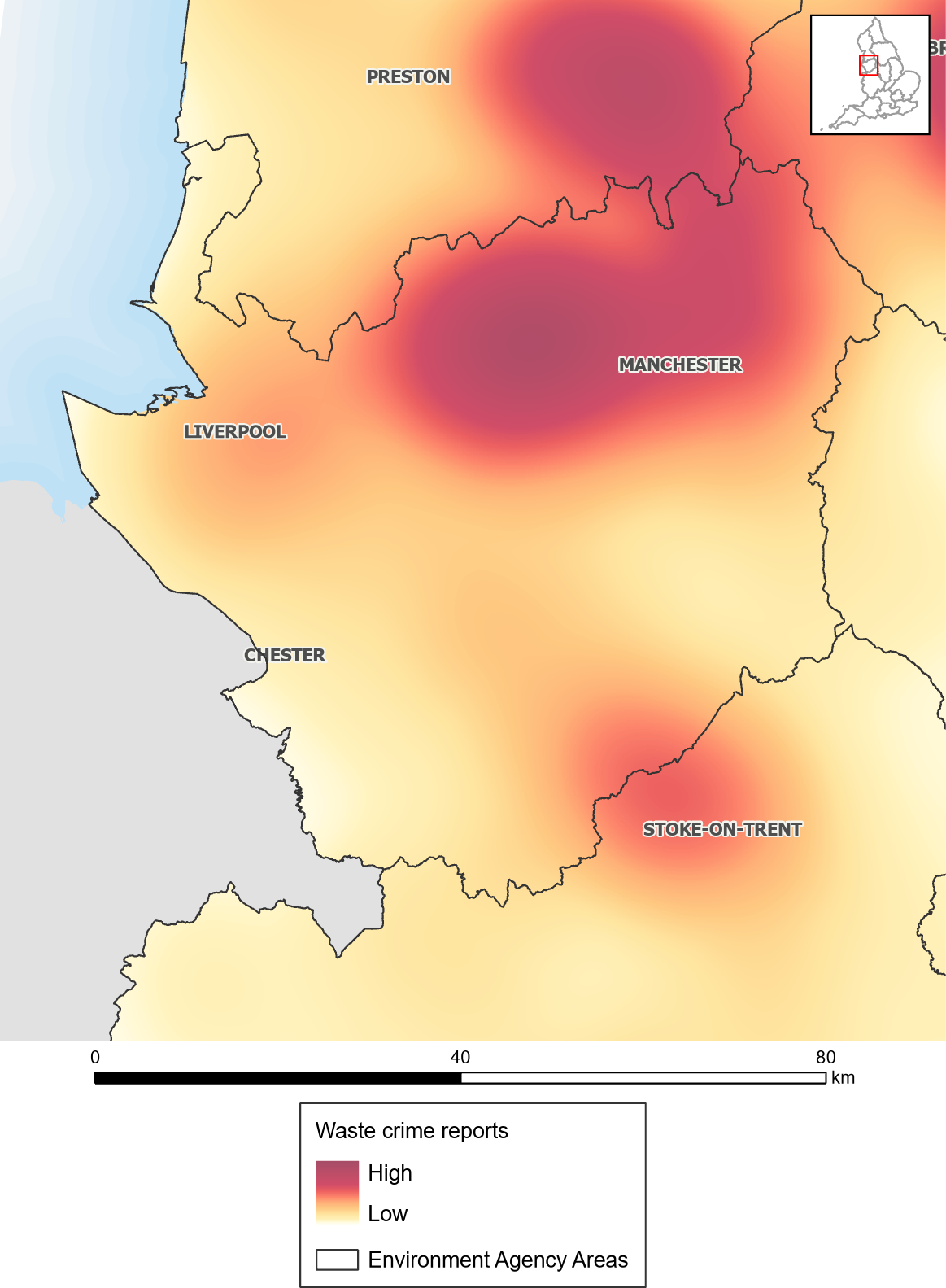Waste crime reports heat map: Greater Manchester, Merseyside and Cheshire