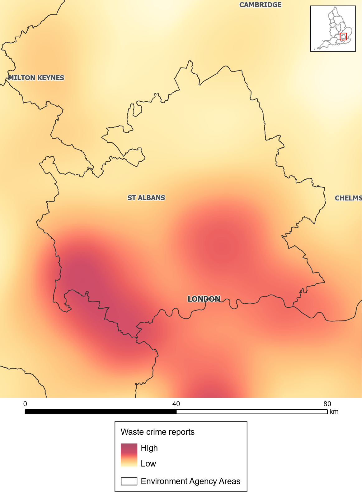 Waste crime reports heat map: Hertfordshire and North London