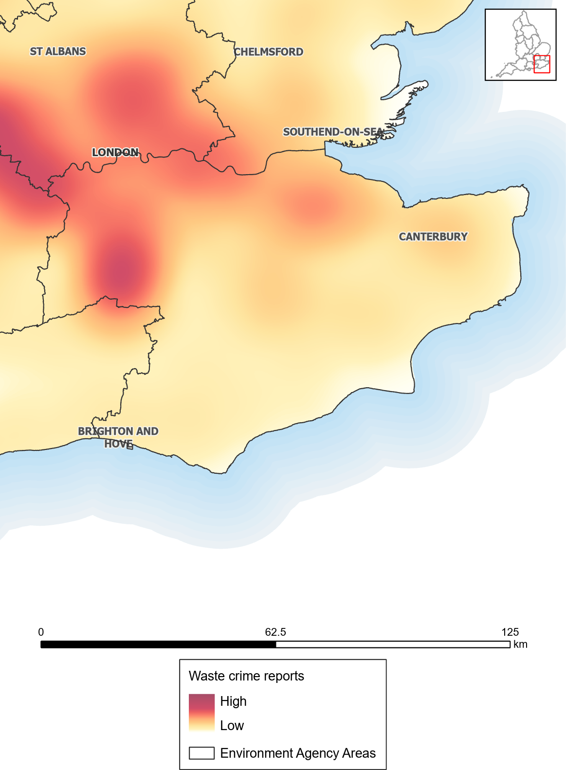 Waste crime reports heat map: Kent, South London and East Sussex
