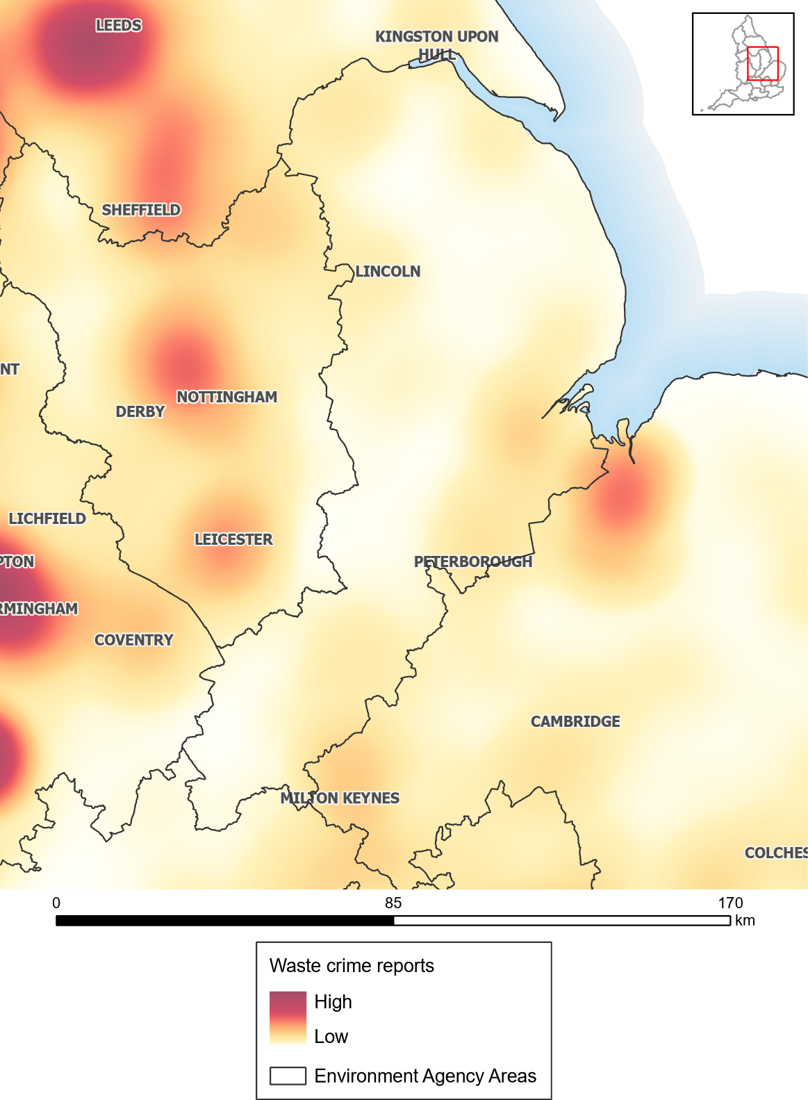 Waste crime reports heat map: Lincolnshire and Northamptonshire