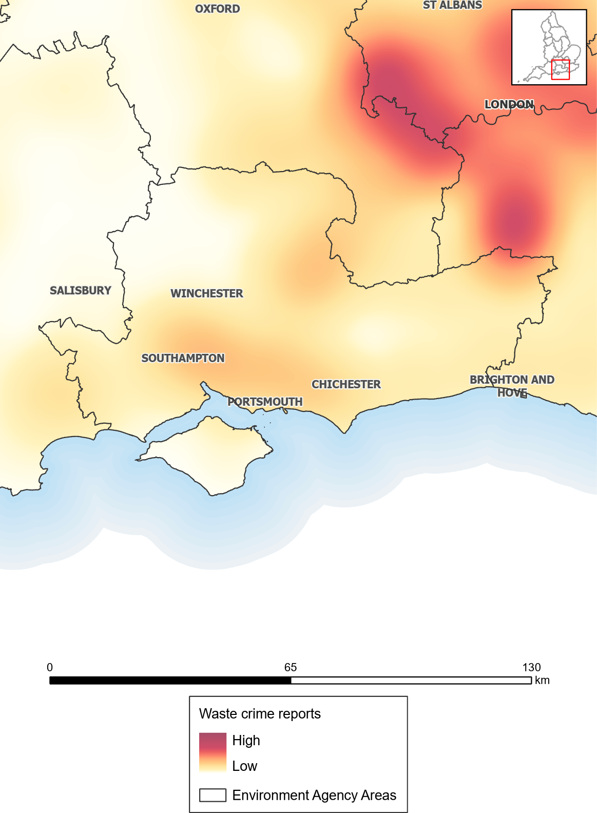 Waste crime reports heat map: Solent and South Downs