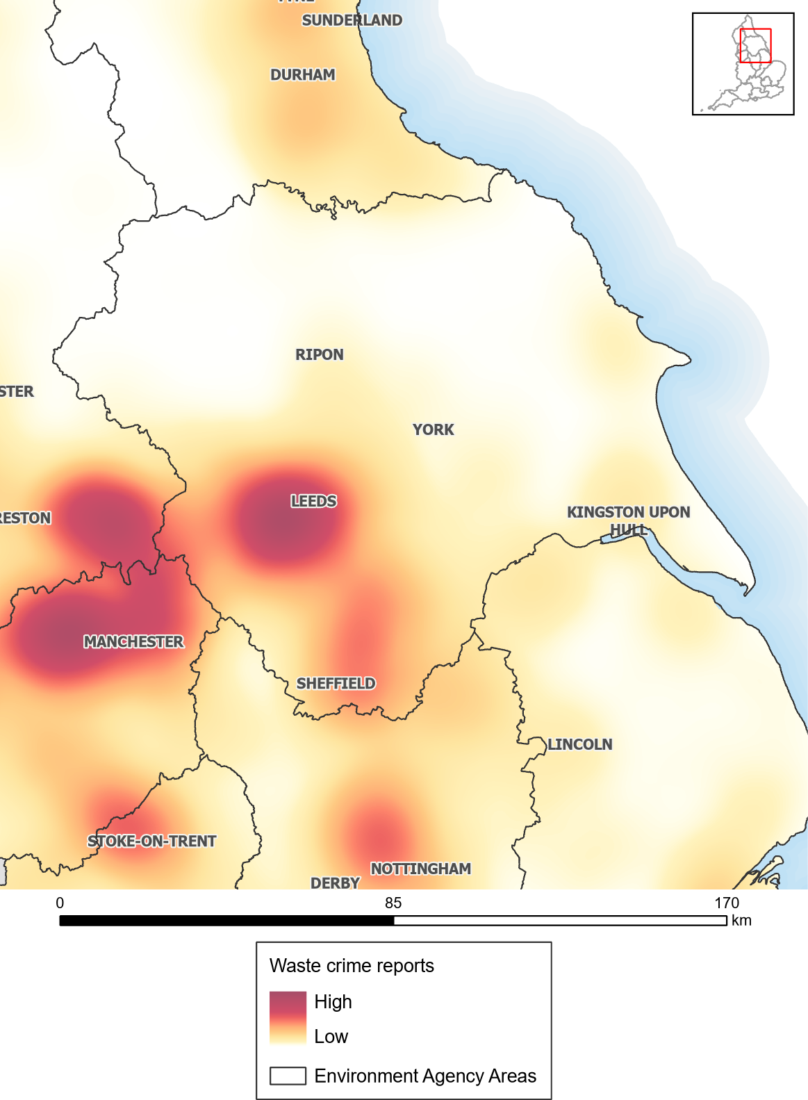 Waste crime reports heat map: Yorkshire