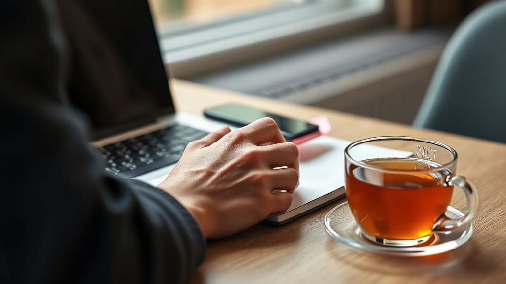 Person writing a brief in a notebook beside a laptop