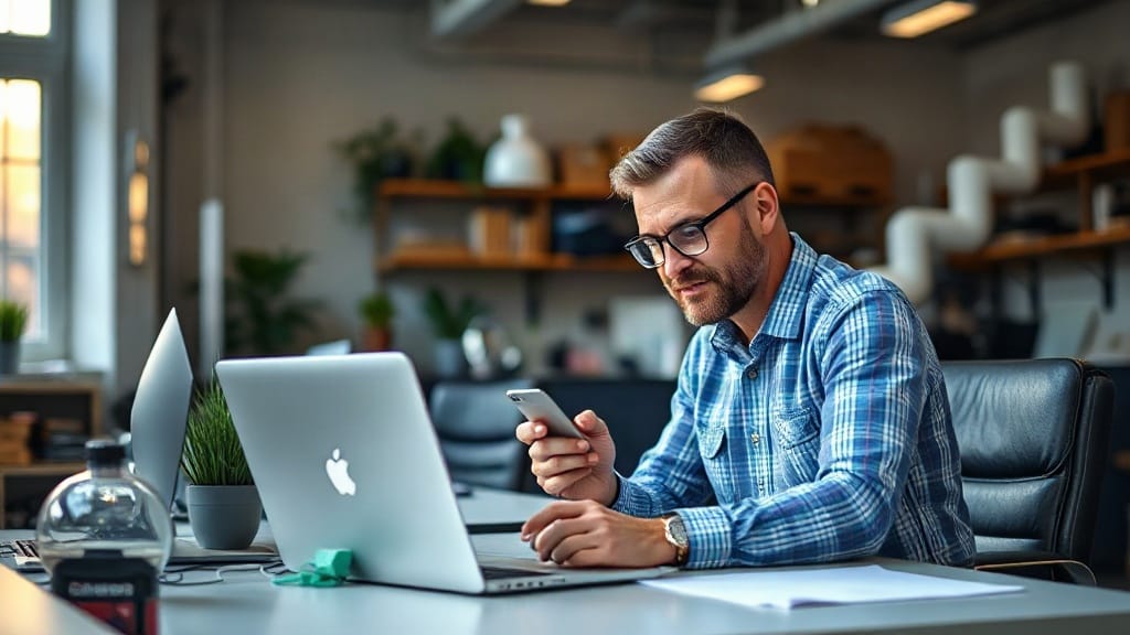 Founder working alone at a desk with a phone
