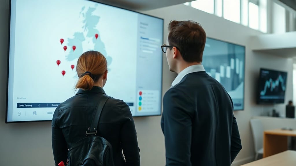 Two colleagues looking at a map of UK regions on a screen