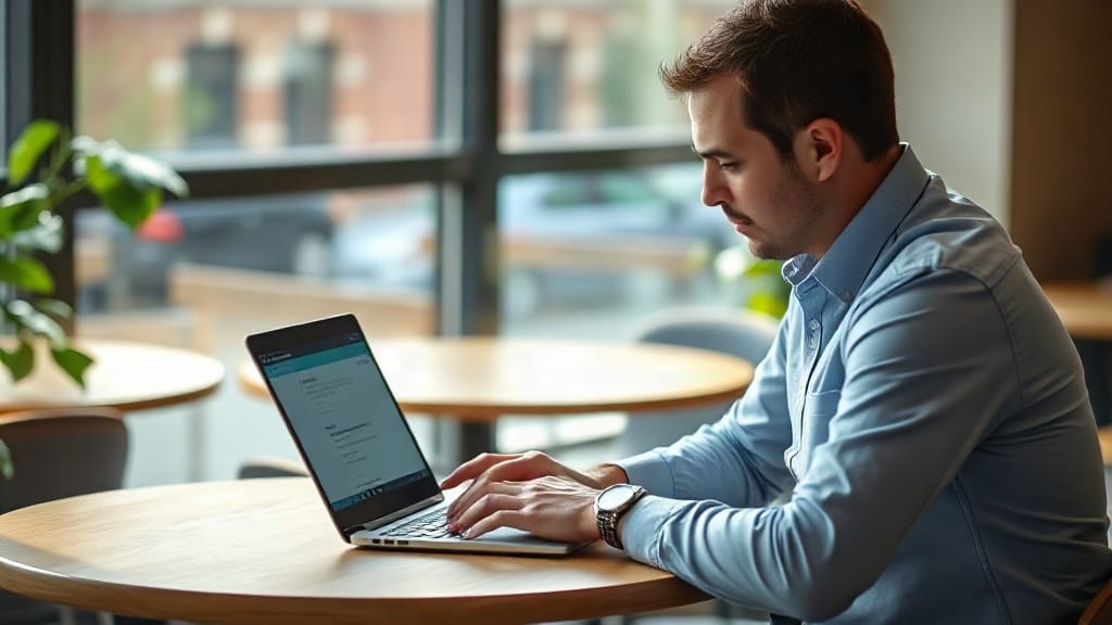 Business owner reading an email reply on a laptop