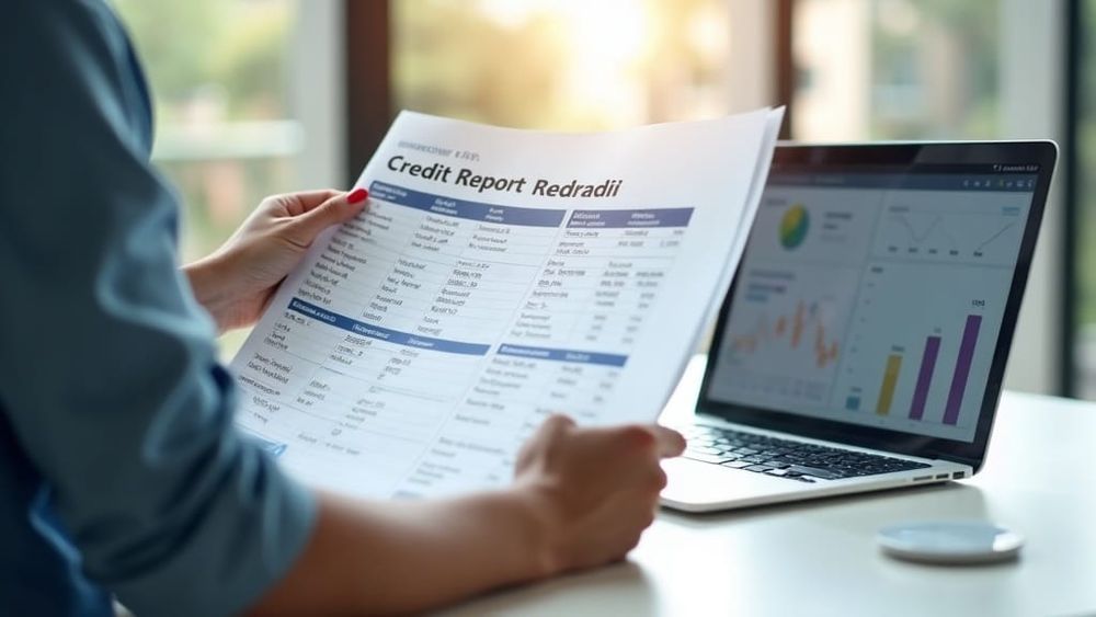 Printed credit report and laptop financial dashboard on a tidy desk in daylight