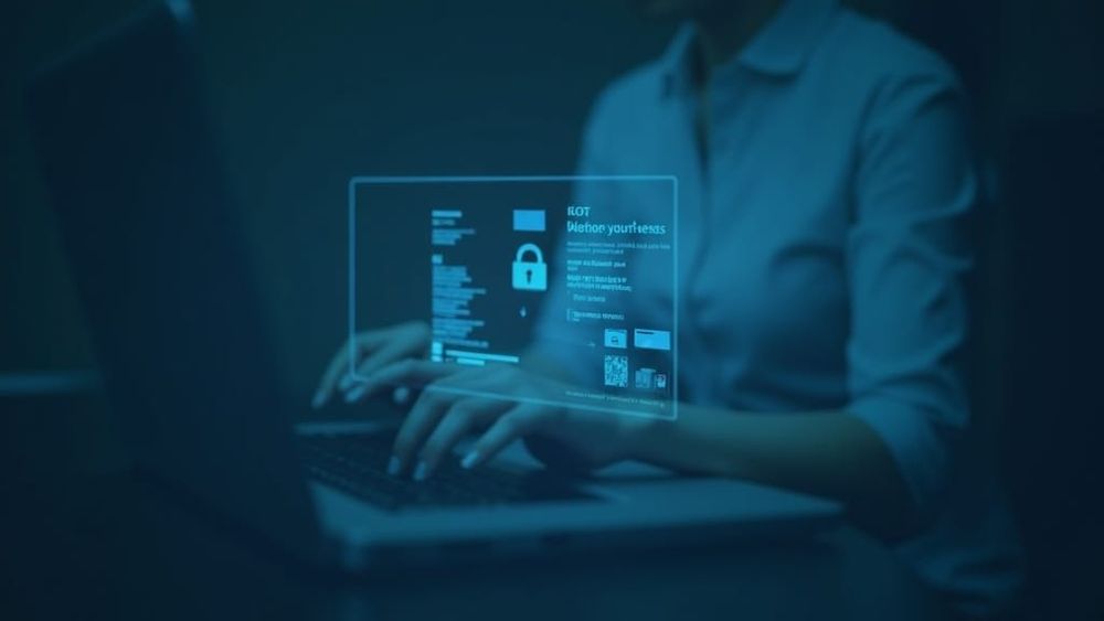 Person reviewing identity and security documents at a laptop in muted blue light