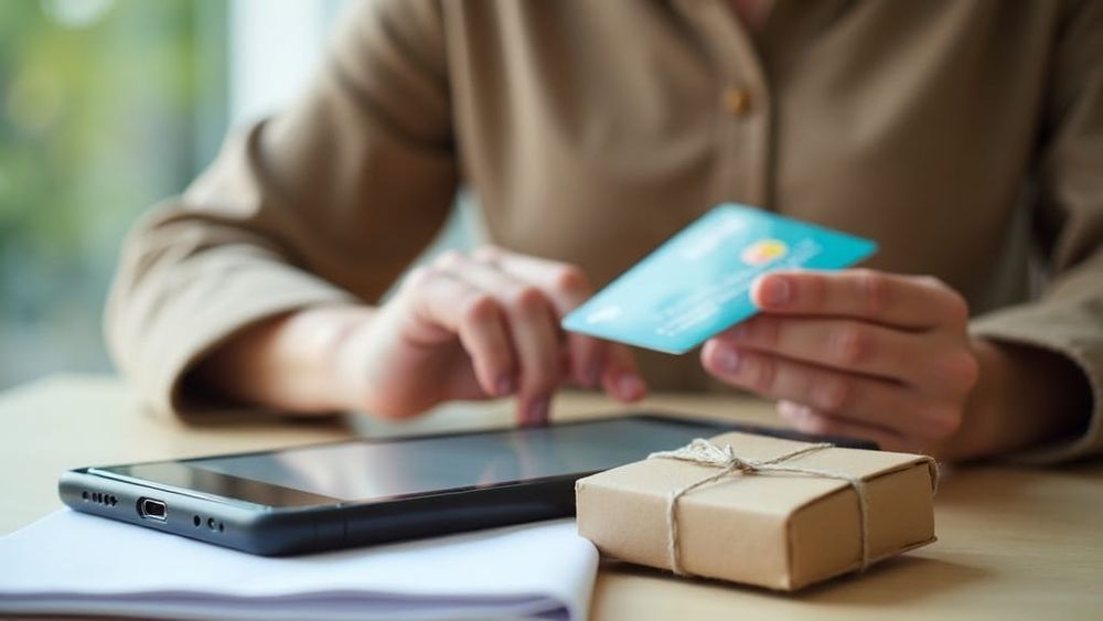 Smartphone showing an online checkout beside a debit card and parcels