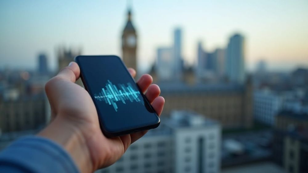 Hand holding a smartphone showing signal bars against a blurred city skyline