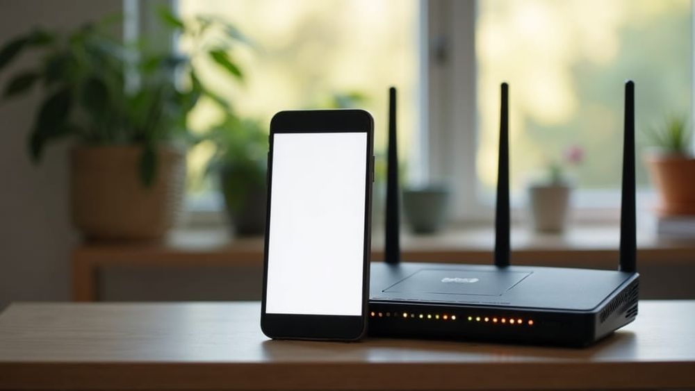 A broadband router and smartphone on a living room shelf in natural light