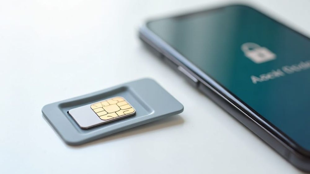 A SIM card on its holder beside a smartphone with a locked screen prompt