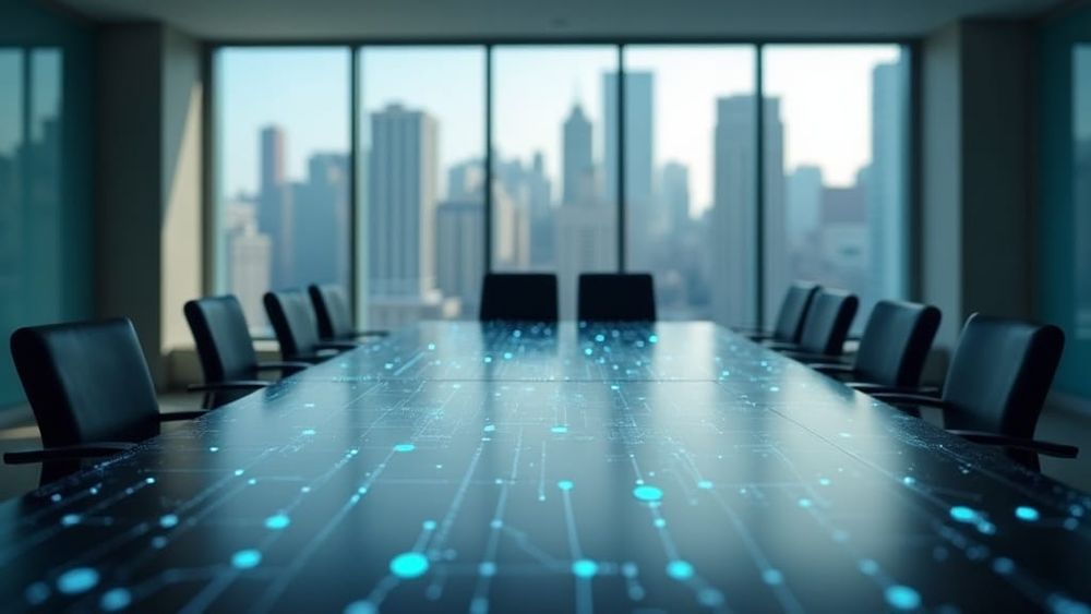A corporate boardroom table with a city view representing telecoms ownership