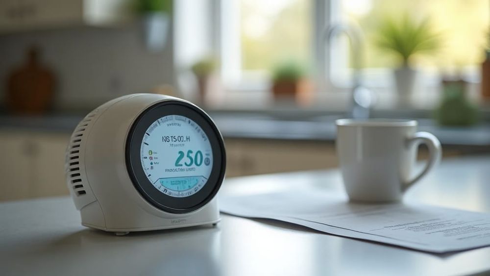 A home smart meter display on a kitchen counter beside an energy bill