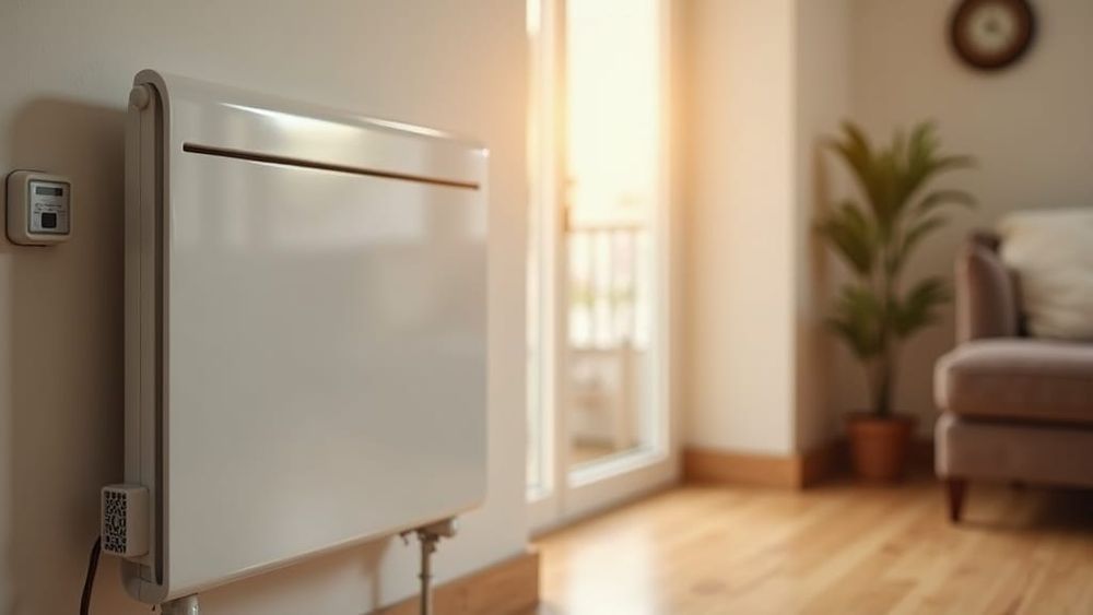 A modern electric storage heater on a living room wall in warm daylight