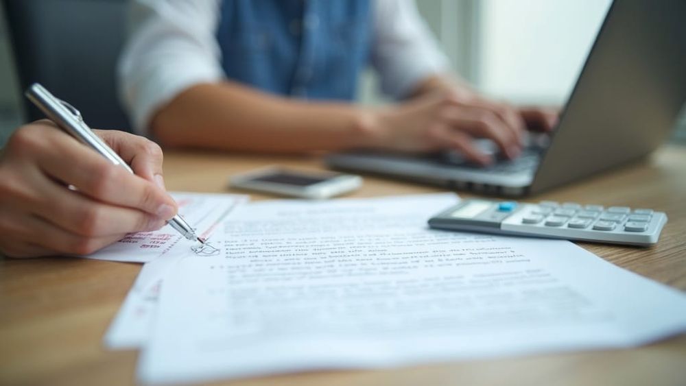 A person writing a complaint letter at a desk with energy bills and a laptop