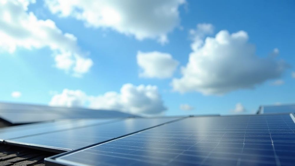 Solar panels on a residential rooftop under a bright sky